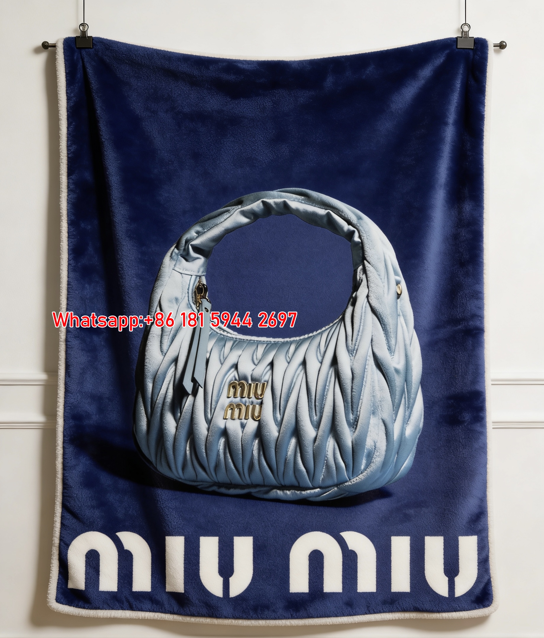 Miu Miu Light Blue Matelasse Bag Print Flannel Throw Blanket IMG_0400
